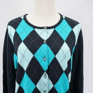 New York & Company Teal Black Argyle Sweater XL Button Front Round Neck Acrylic
